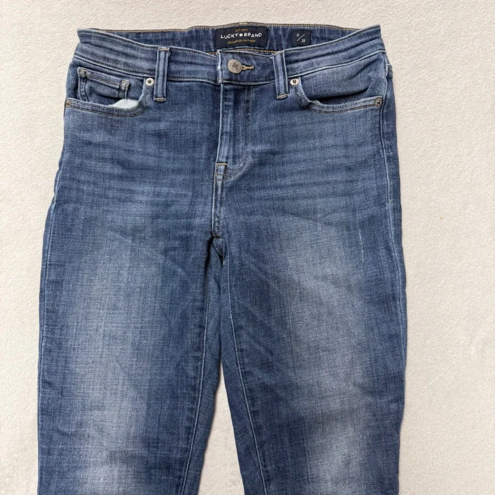 Lucky Brand Skinny Jeans Medium Wash Raw Frayed Step Hem Blue Womens Size 0/25